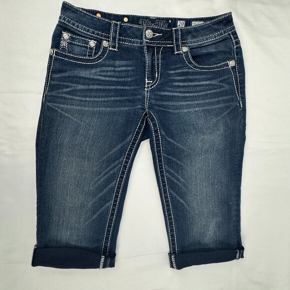 Miss Me Signature Rise Boot Jean 'Cut-Off' Denim Shorts Bling Pockets Size 29 - Picture 1 of 11